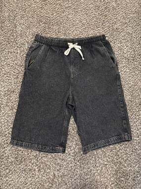 18 Centimeters Men's Black Acid Wash Denim Elastic Waist Drawstring Shorts
